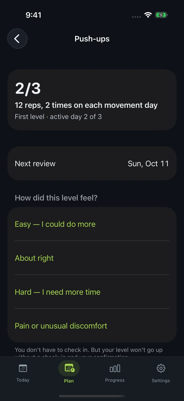 Movement goal with progress and a build-up plan