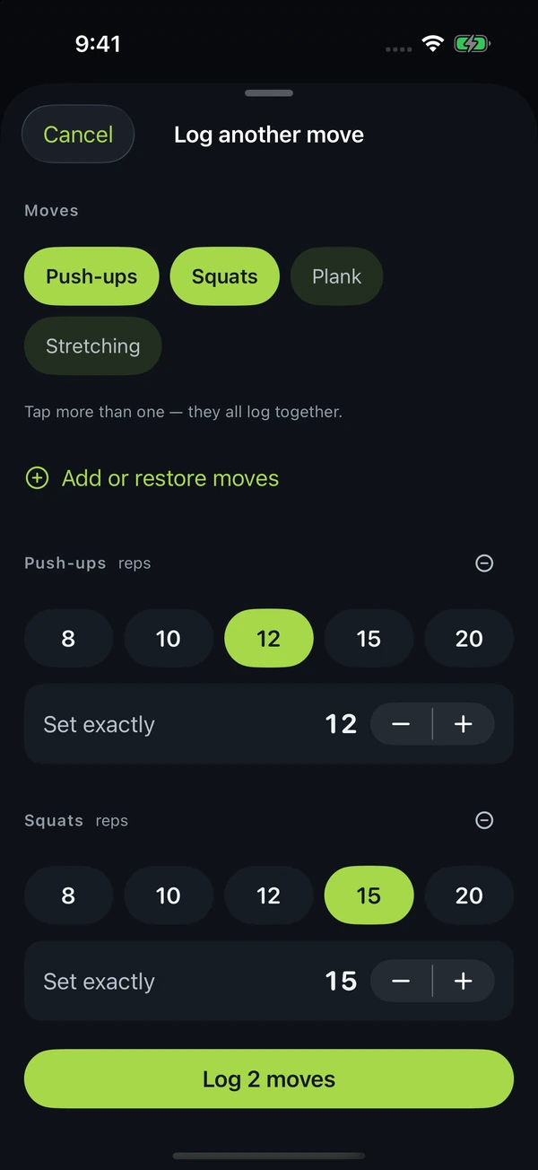 Quick logging with favorite moves and amounts