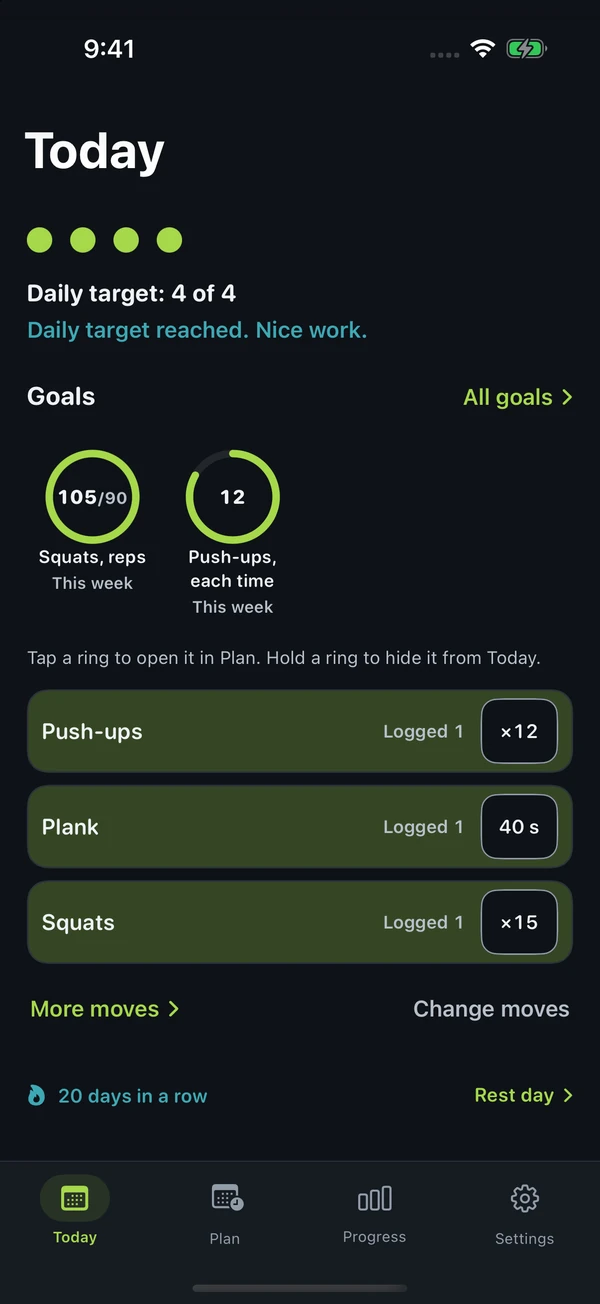 Haraka Today with movement logs, a daily target, goals, and rest controls