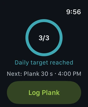 Haraka on Apple Watch: daily target reached, with a button to log the next move