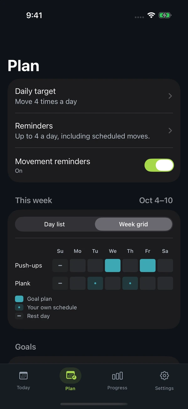 Week grid with daily plans and movement schedules